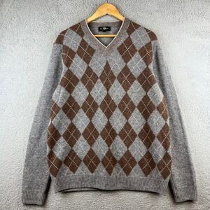Glen Lyon Mens L Argyle V Neck Sweater 100% Cashmere Warm Brown Gray Luxury